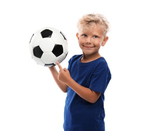Photo of Choice of profession. Little boy with ball pretending to be football player on white background