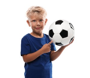 Photo of Choice of profession. Little boy with ball pretending to be football player on white background