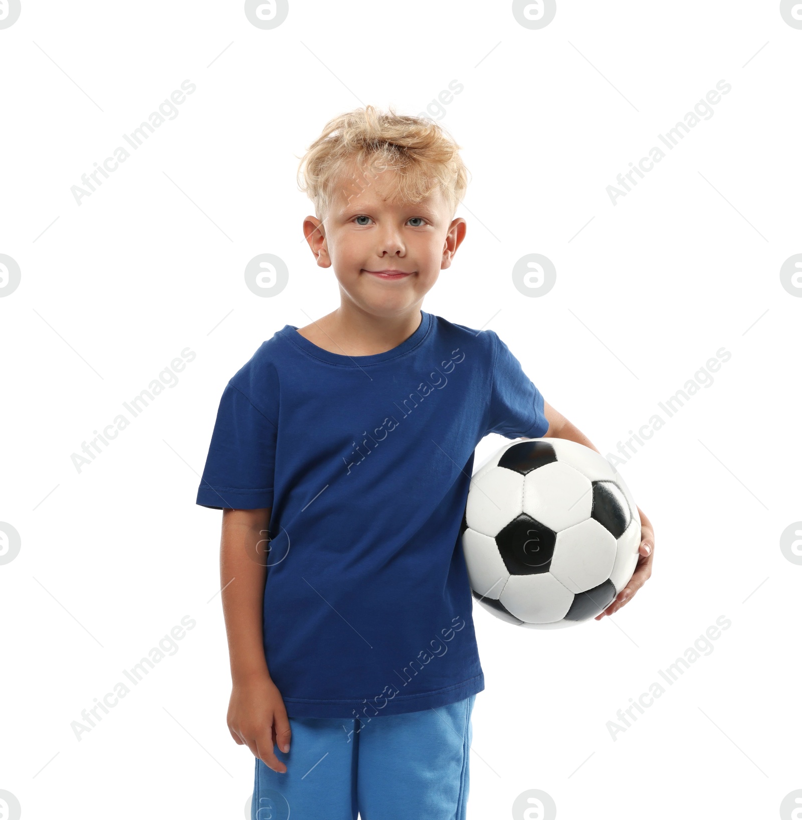 Photo of Choice of profession. Little boy with ball pretending to be football player on white background
