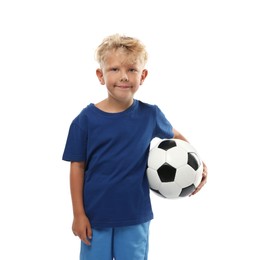 Photo of Choice of profession. Little boy with ball pretending to be football player on white background