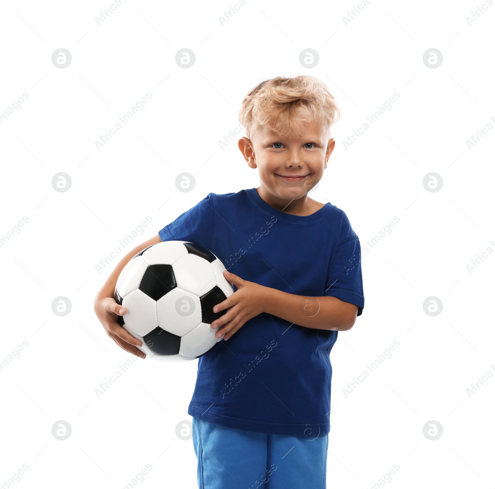 Photo of Choice of profession. Little boy with ball pretending to be football player on white background