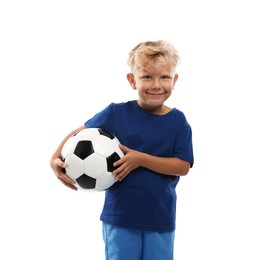 Photo of Choice of profession. Little boy with ball pretending to be football player on white background