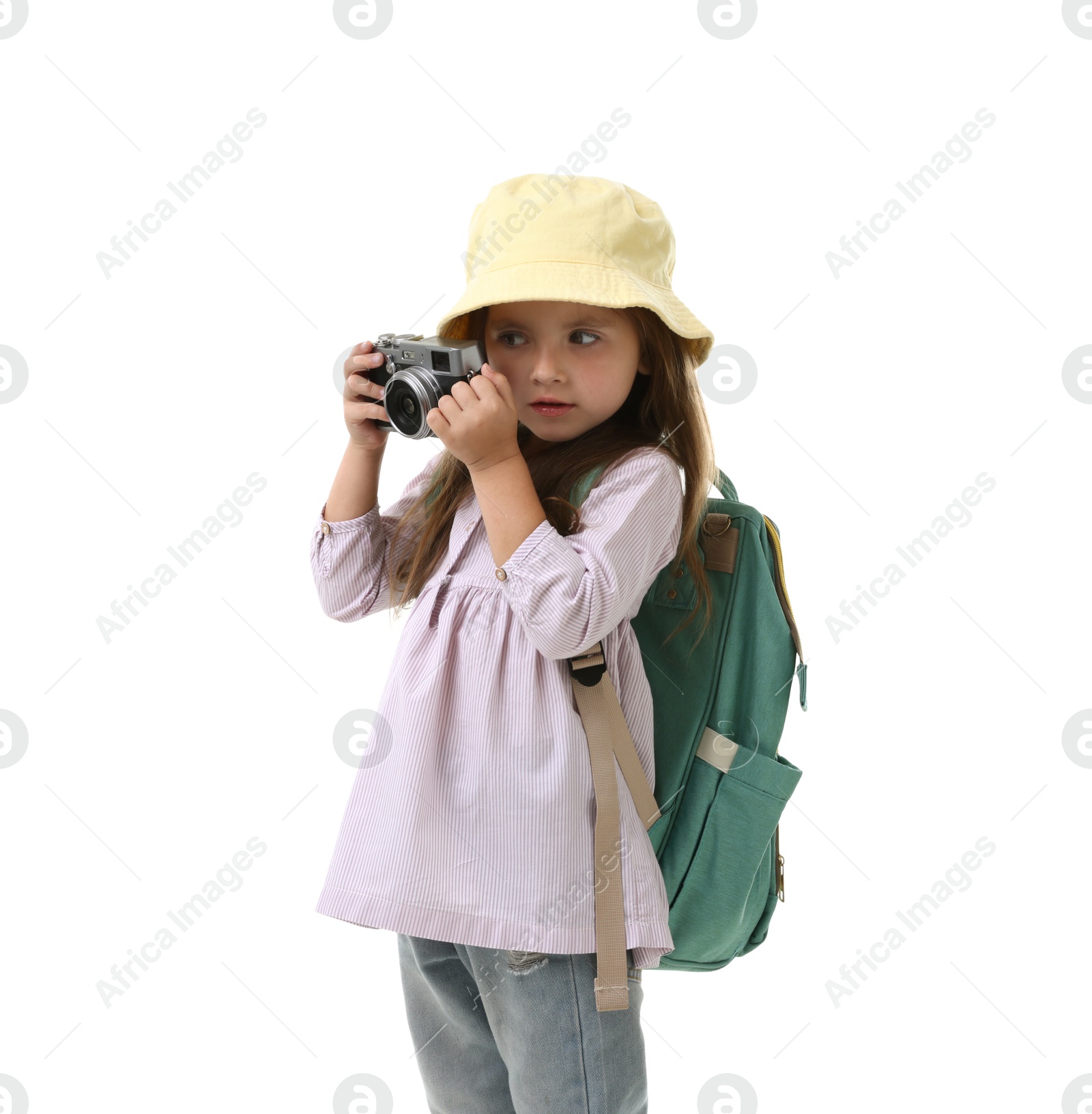 Photo of Choice of profession. Little girl with camera pretending to be photographer on white background