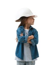 Photo of Choice of profession. Little girl in hardhat pretending to be architect on white background