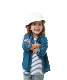 Photo of Choice of profession. Happy little girl in hardhat pretending to be architect on white background