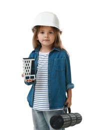 Photo of Choice of profession. Little girl in hardhat with building model and drawing tube pretending to be architect on white background