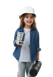 Photo of Choice of profession. Little girl in hardhat with building model and drawing tube pretending to be architect on white background