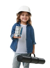 Photo of Choice of profession. Little girl in hardhat with building model and drawing tube pretending to be architect on white background