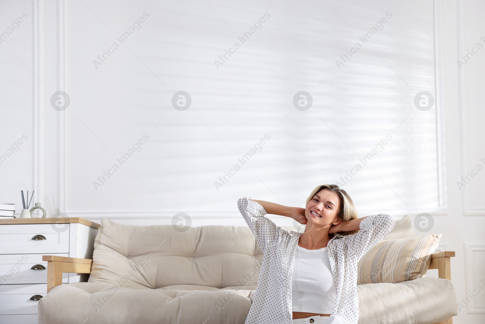 Portrait of beautiful smiling at home. Space for text Photo of Portrait of beautiful smiling at home. Space for text