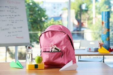 Photo of Backpack with different stationery, lunchbox, apple, bottle of water and paper planes on desk in classroom