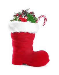 Photo of Happy Saint Nicholas day. Red boot with sweets and festive decor isolated on white
