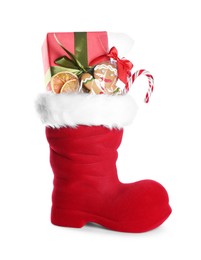 Photo of Happy Saint Nicholas day. Red boot with sweets and gift box isolated on white
