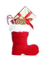 Photo of Happy Saint Nicholas day. Red boot with sweets and gift box isolated on white