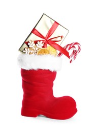 Photo of Happy Saint Nicholas day. Red boot with sweets and gift box isolated on white