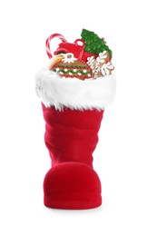 Photo of Happy Saint Nicholas day. Red boot with sweets isolated on white