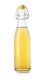 Photo of Delicious cider in glass bottle isolated on white