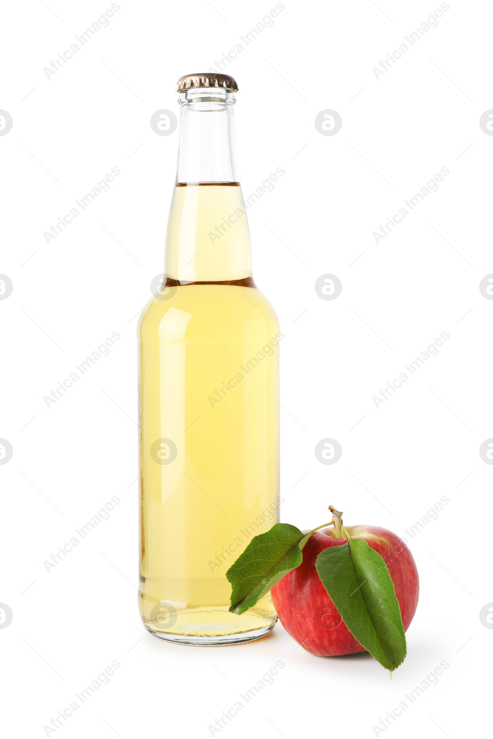 Photo of Delicious cider in glass bottle and apple isolated on white