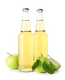 Photo of Delicious cider in glass bottles and apples isolated on white