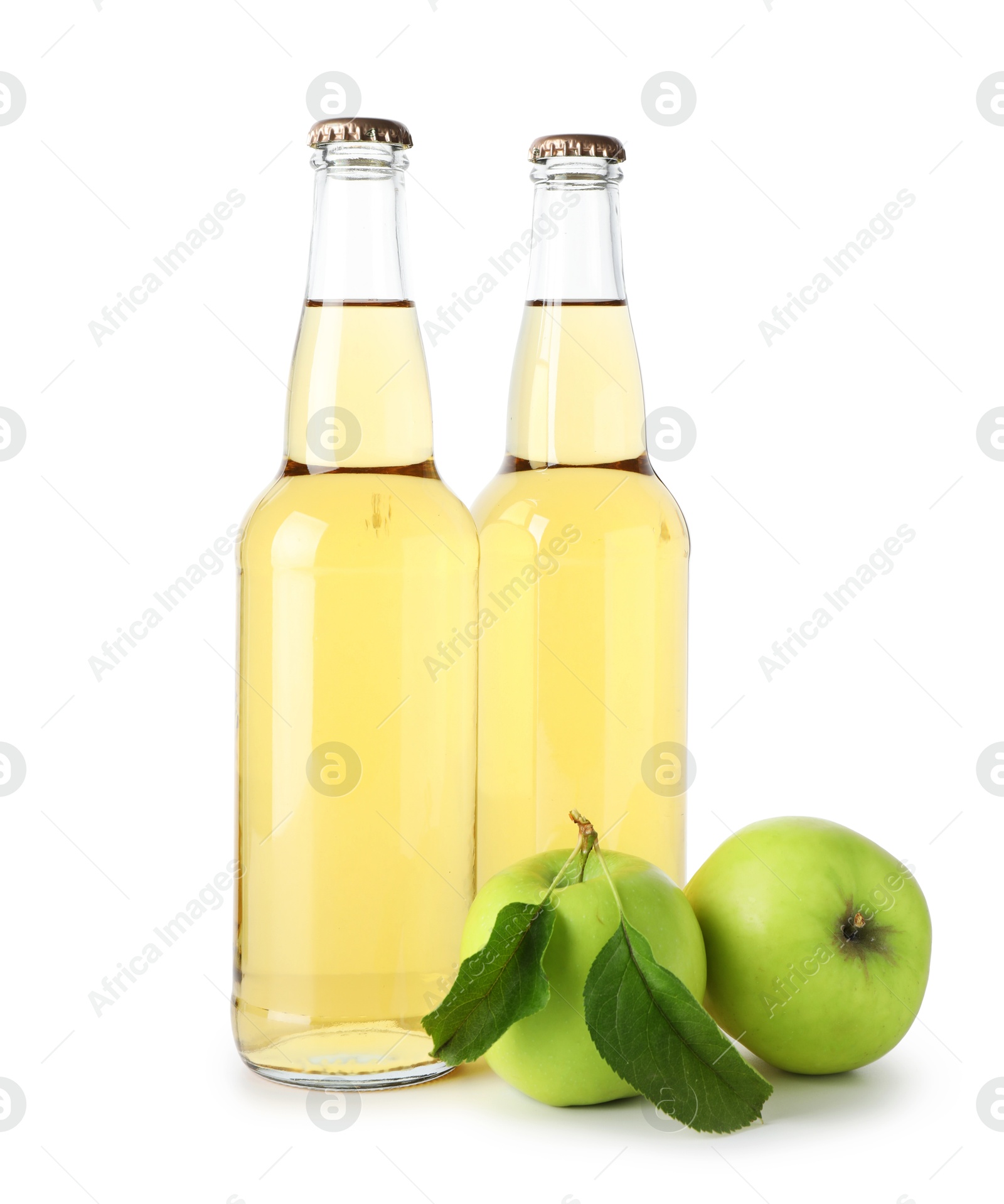 Photo of Delicious cider in glass bottles and apples isolated on white
