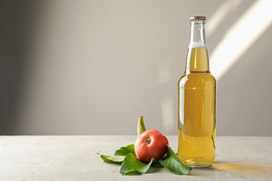 Photo of Delicious cider in glass bottle and apples on gray table against light background. Space for text