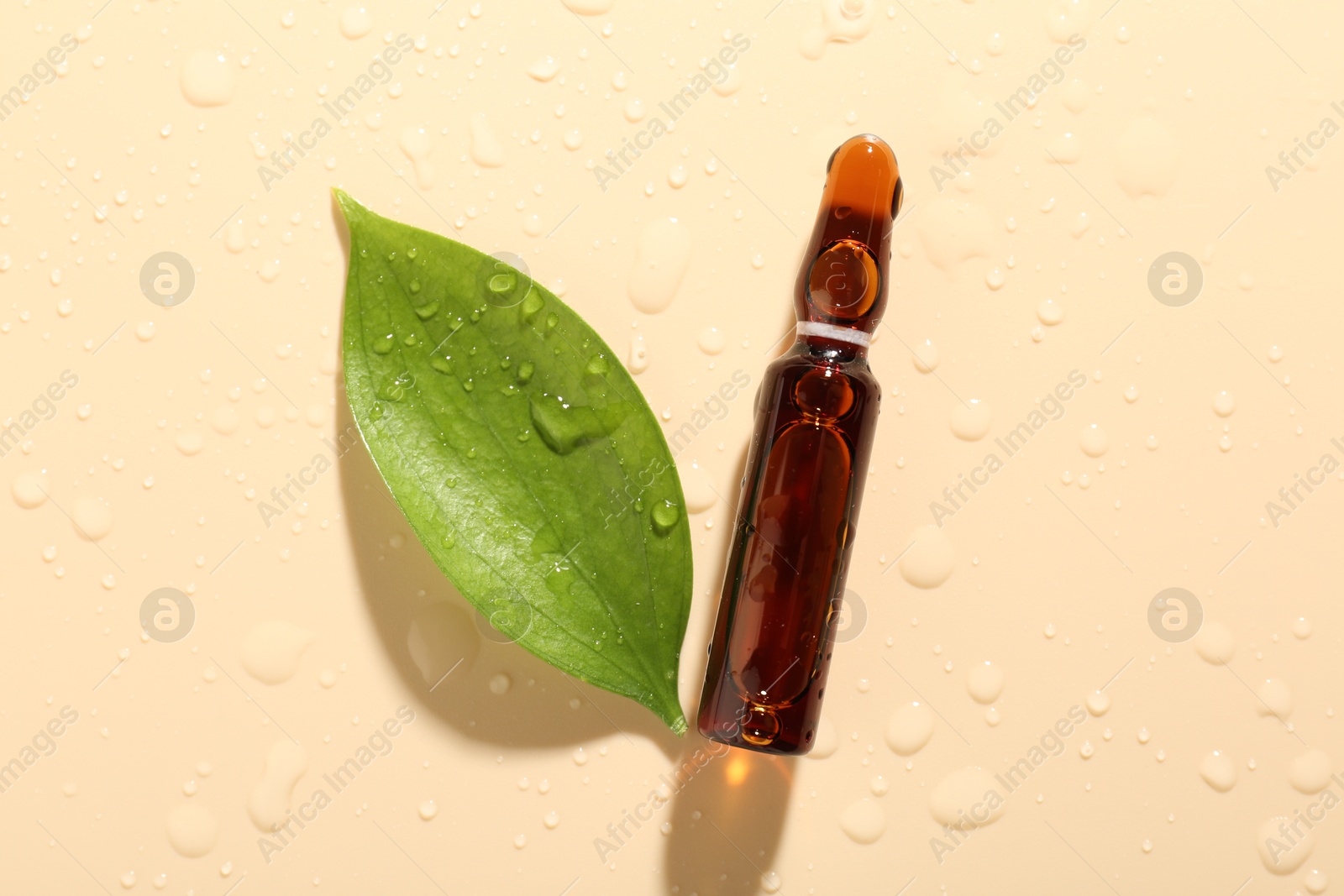 Photo of Glass ampoule with cosmetic product, leaf and water drops on beige background, flat lay