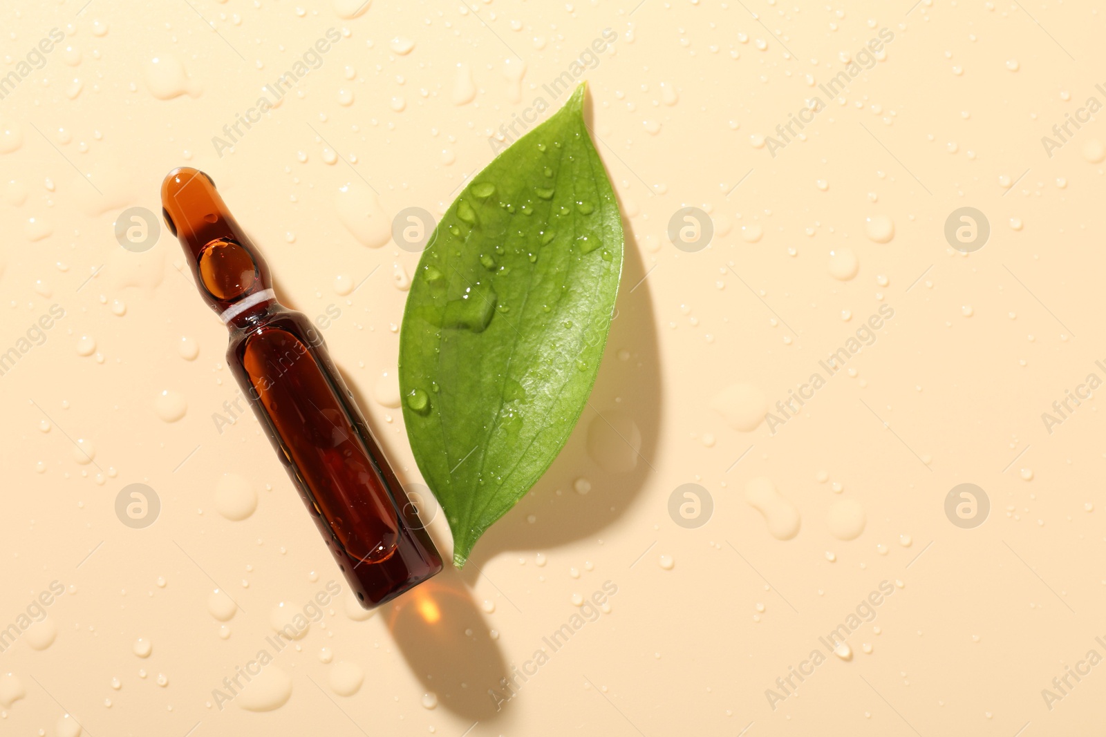 Photo of Glass ampoule with cosmetic product, leaf and water drops on beige background, flat lay. Space for text
