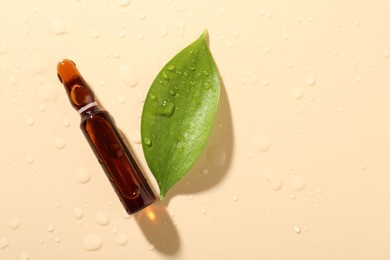 Photo of Glass ampoule with cosmetic product, leaf and water drops on beige background, flat lay. Space for text
