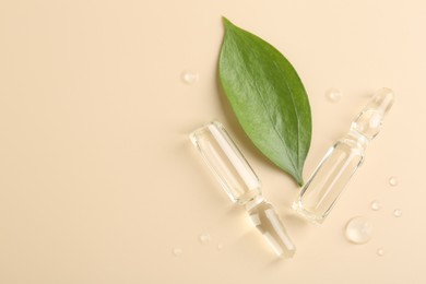 Photo of Glass ampoules with cosmetic product, leaf and water drops on beige background, flat lay. Space for text
