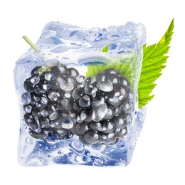 Image of Fresh blackberries in ice cube isolated on white