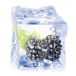 Image of Fresh blackberries in ice cube isolated on white
