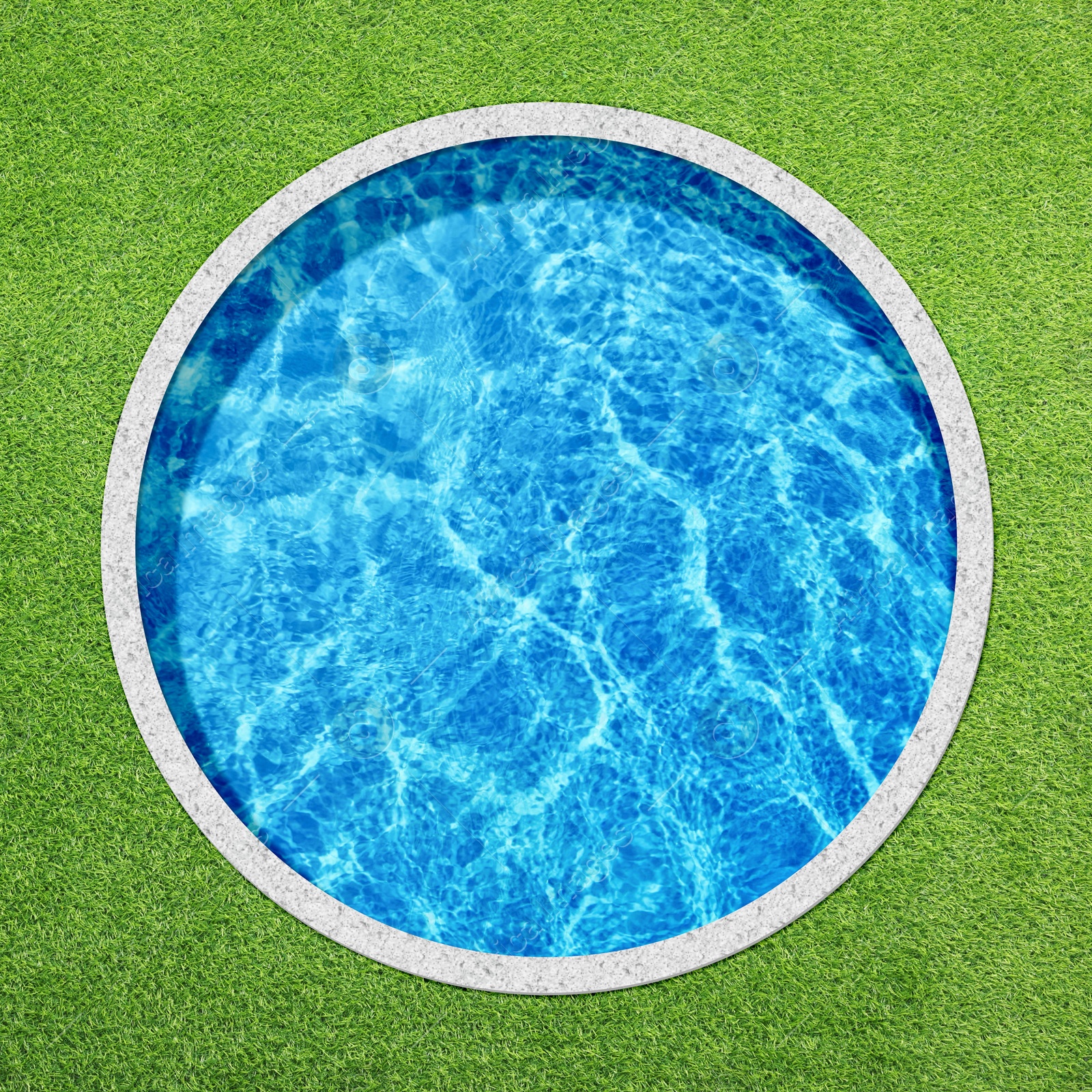 Round swimming pool surrounded by green grass, top view Image of Round swimming pool surrounded by green grass, top view