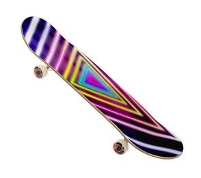 Image of Skateboard with colorful pattern in air against white background