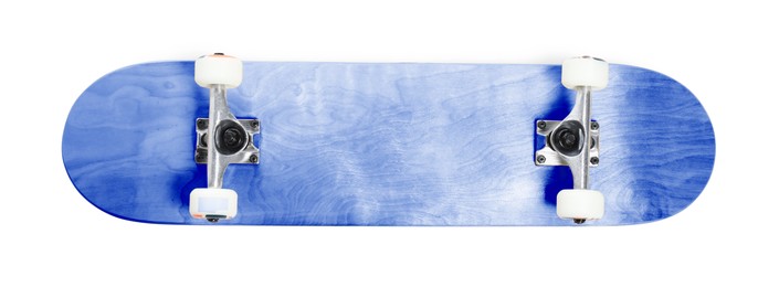 Image of Blue wooden skateboard on white background, bottom view