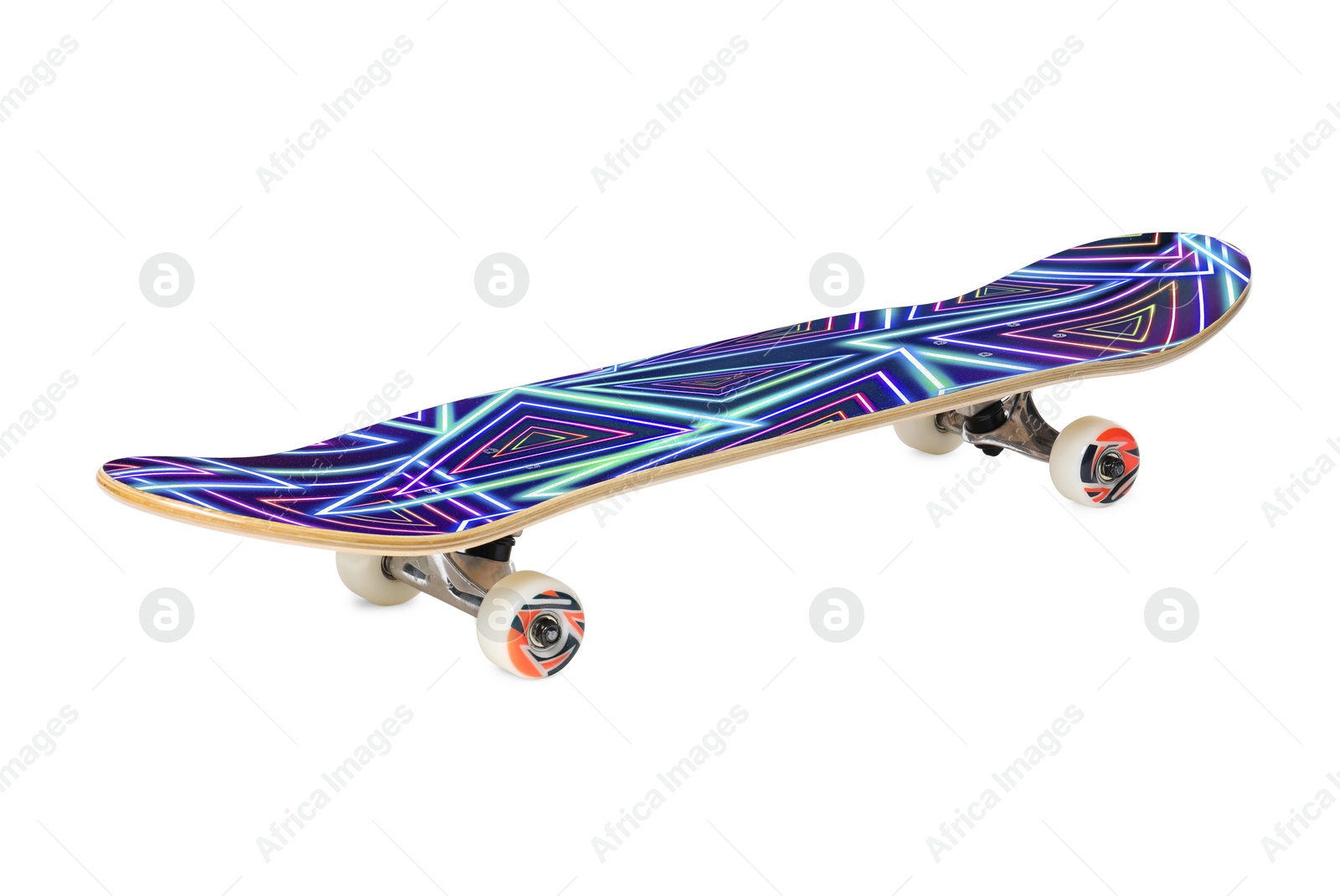 Skateboard with bright pattern in air against white background Image of Skateboard with bright pattern in air against white background