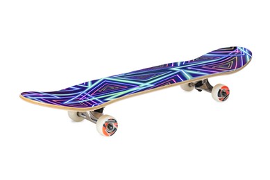 Image of Skateboard with bright pattern in air against white background