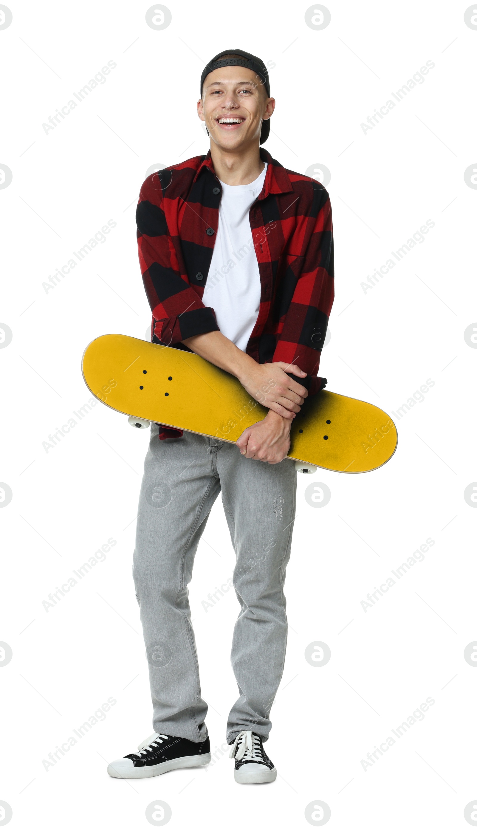 Happy man with yellow skateboard on white background Image of Happy man with yellow skateboard on white background
