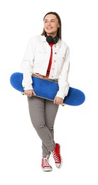 Image of Smiling woman with blue skateboard on white background