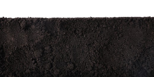 Photo of Fresh soil isolated on white, top view