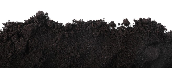 Photo of Fresh soil isolated on white, top view