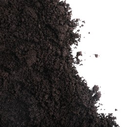 Photo of Fresh soil isolated on white, top view