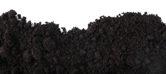Photo of Fresh soil isolated on white, top view