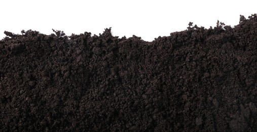 Photo of Fresh soil isolated on white, top view