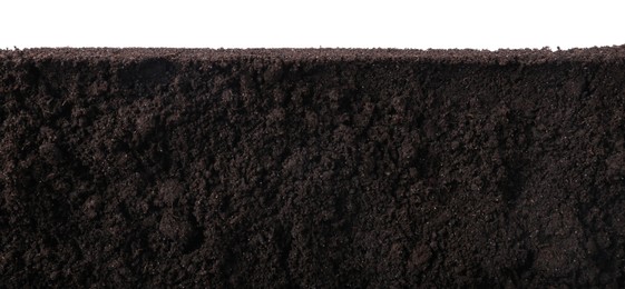 Photo of Fresh soil isolated on white, top view