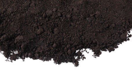 Photo of Fresh soil isolated on white, above view