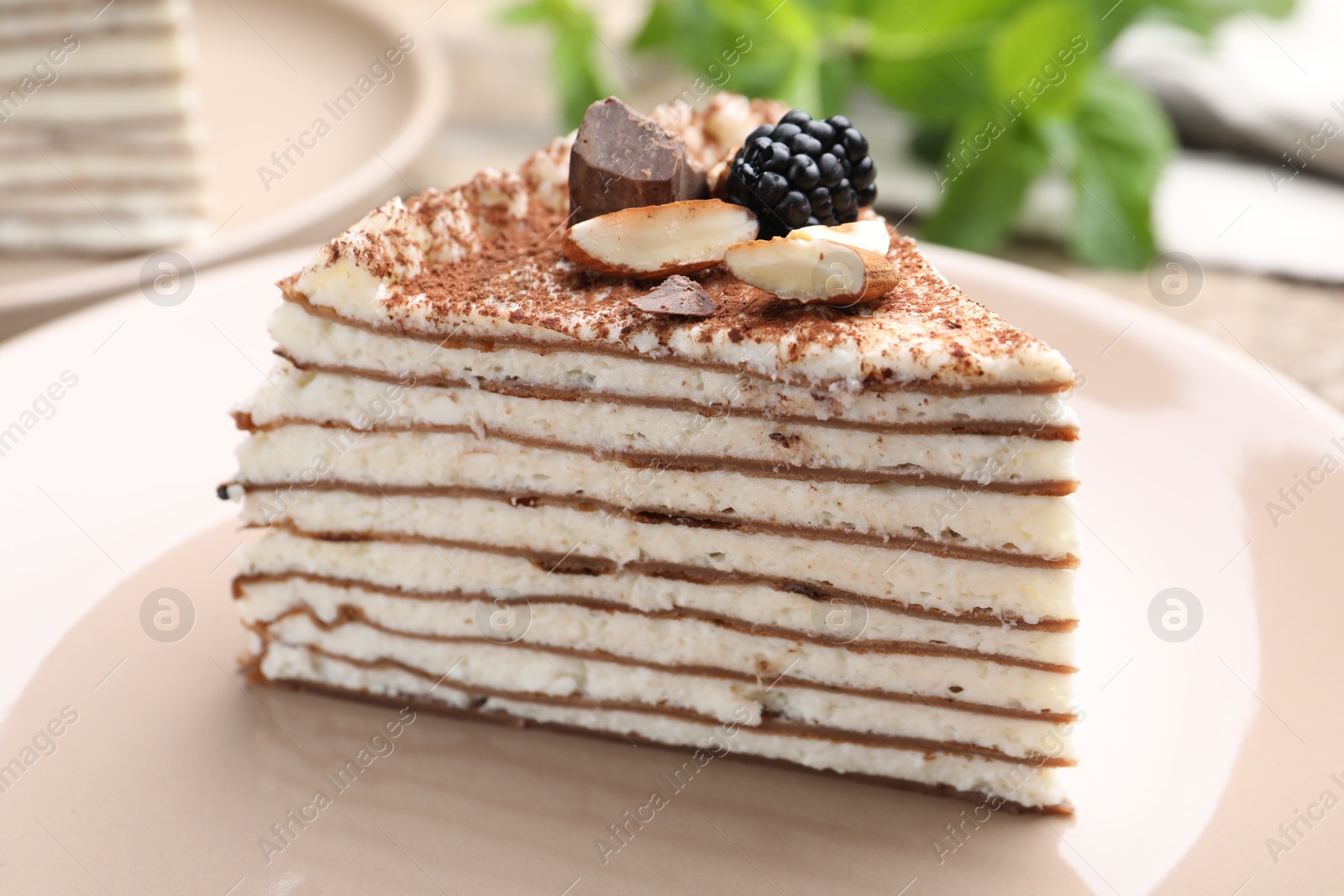 Photo of Piece of tasty crepe cake with cocoa powder, chocolate, nuts and blackberry served on table, closeup