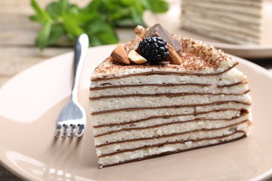 Photo of Piece of tasty crepe cake with cocoa powder, chocolate, nuts and blackberry served on table, closeup