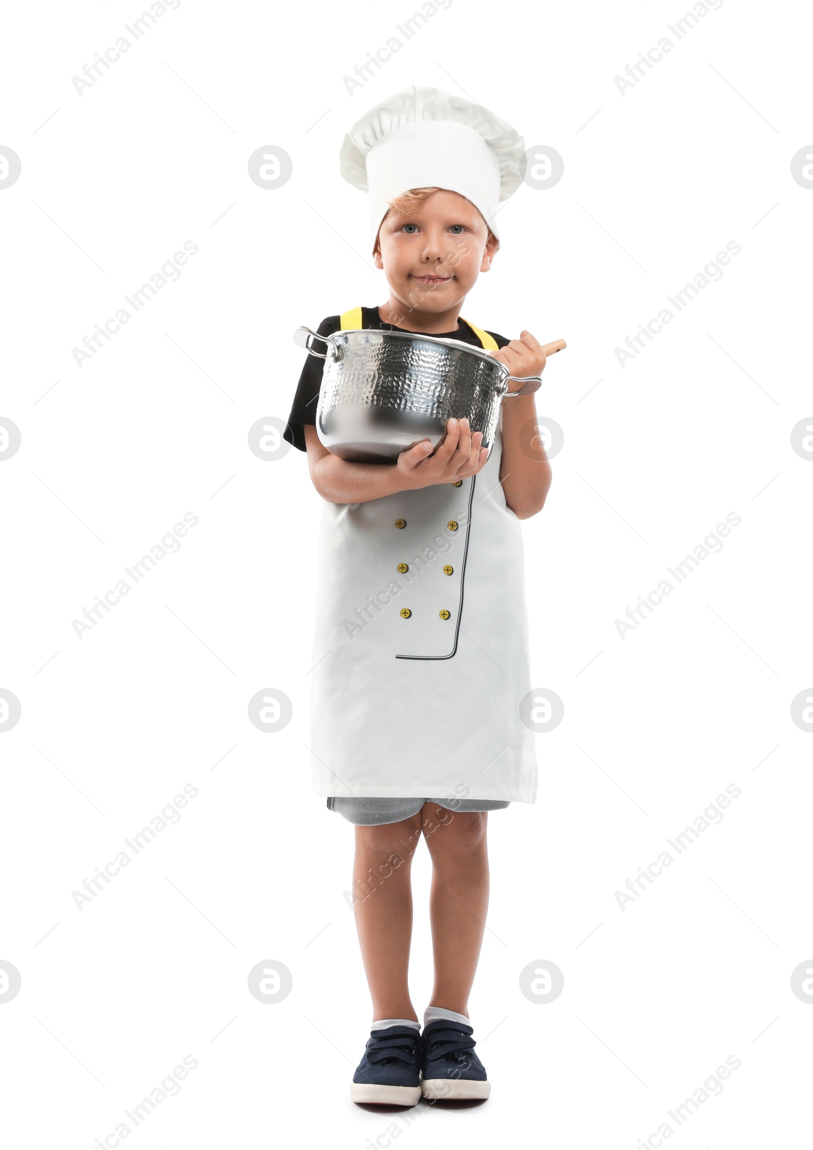 Photo of Choice of profession. Little boy with pot and spoon pretending to be chef on white background