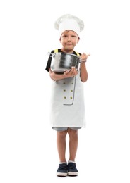 Photo of Choice of profession. Little boy with pot and spoon pretending to be chef on white background