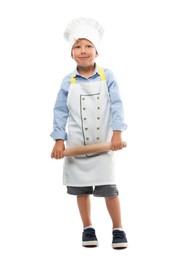 Photo of Choice of profession. Little boy with rolling pin pretending to be chef on white background