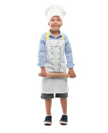 Photo of Choice of profession. Little boy with rolling pin pretending to be chef on white background